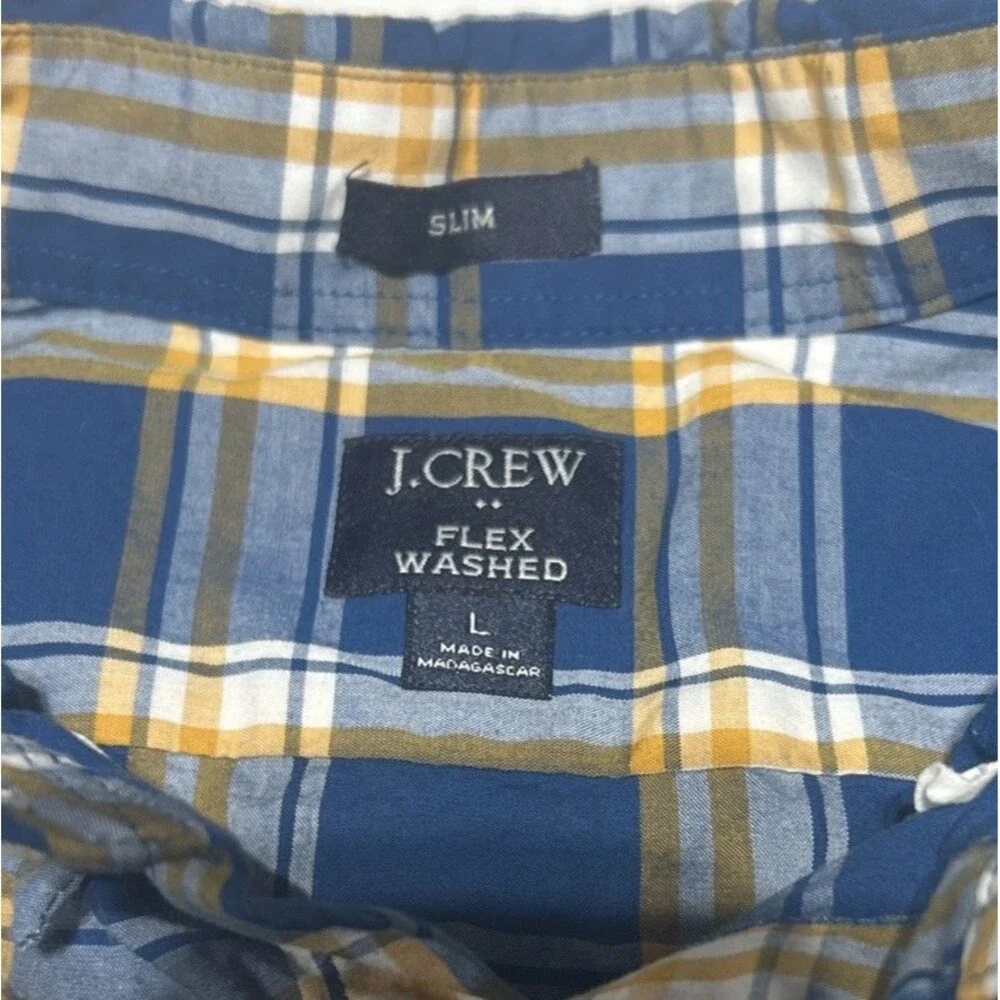 J.Crew Button Down Shirt Mens Large Slim Fit Flex Washed Plaid Blue Yellow Gold